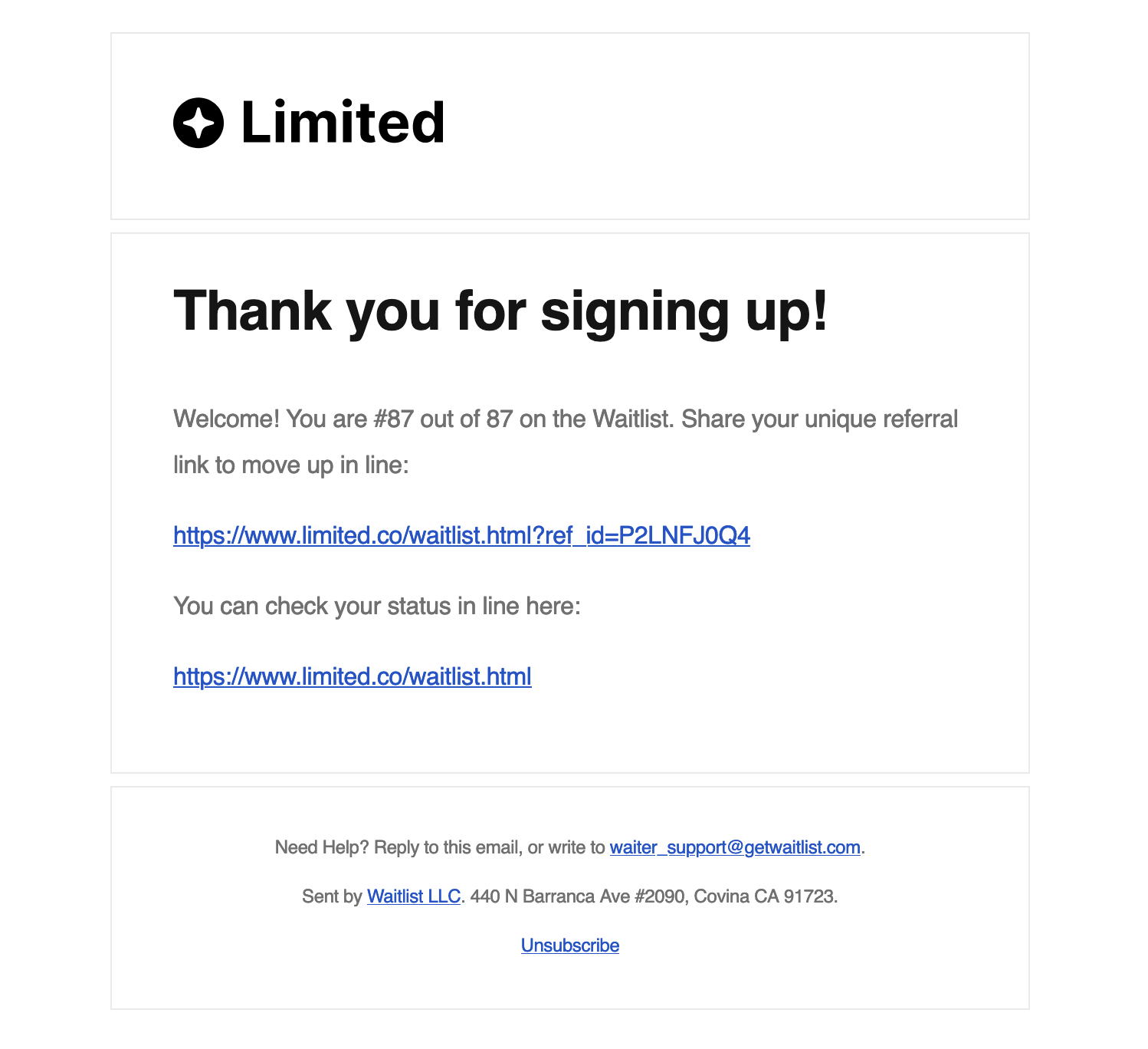 Example Template Waitlist Email on Signup